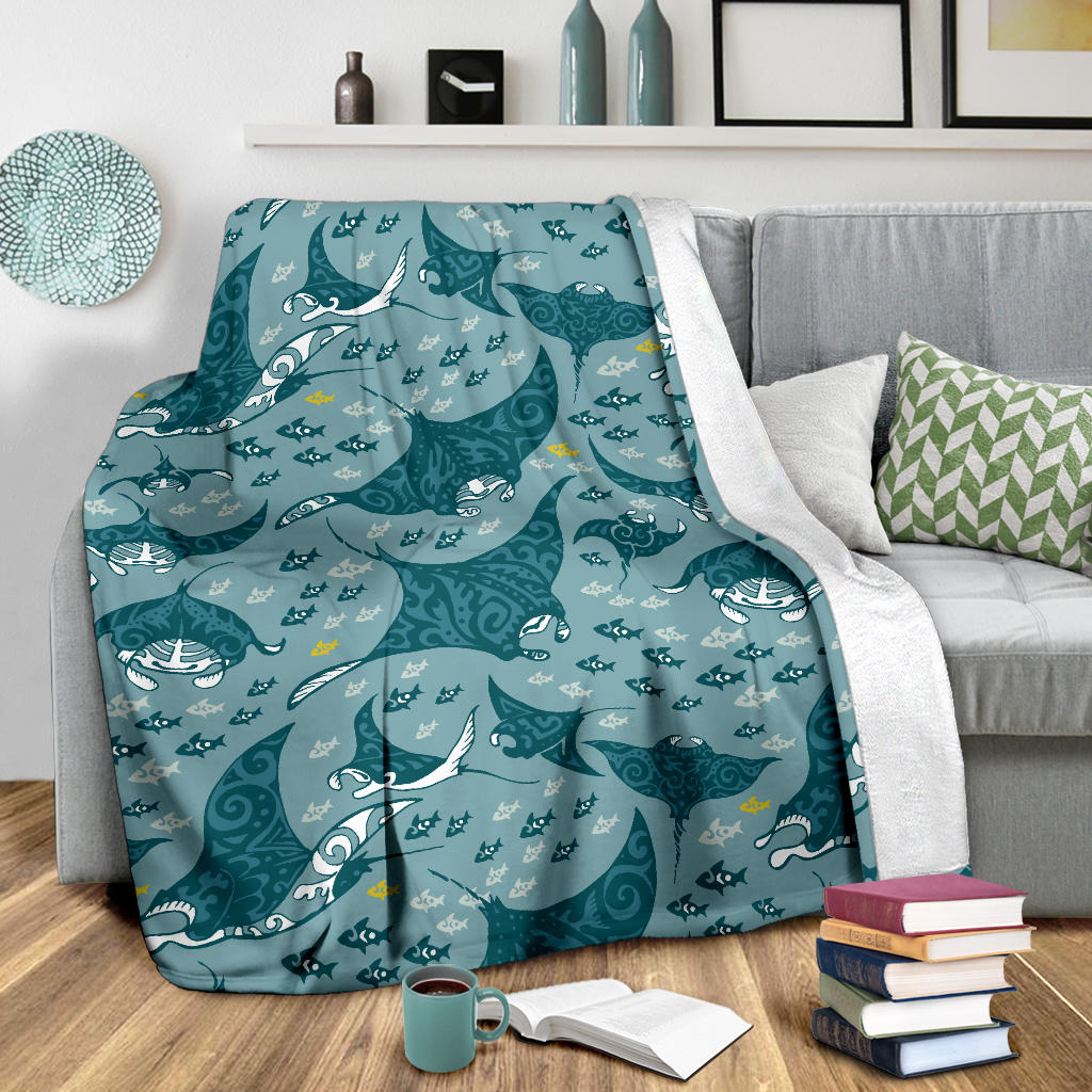 Manta Ray Tribal Pattern Print Design 03 Premium Blanket