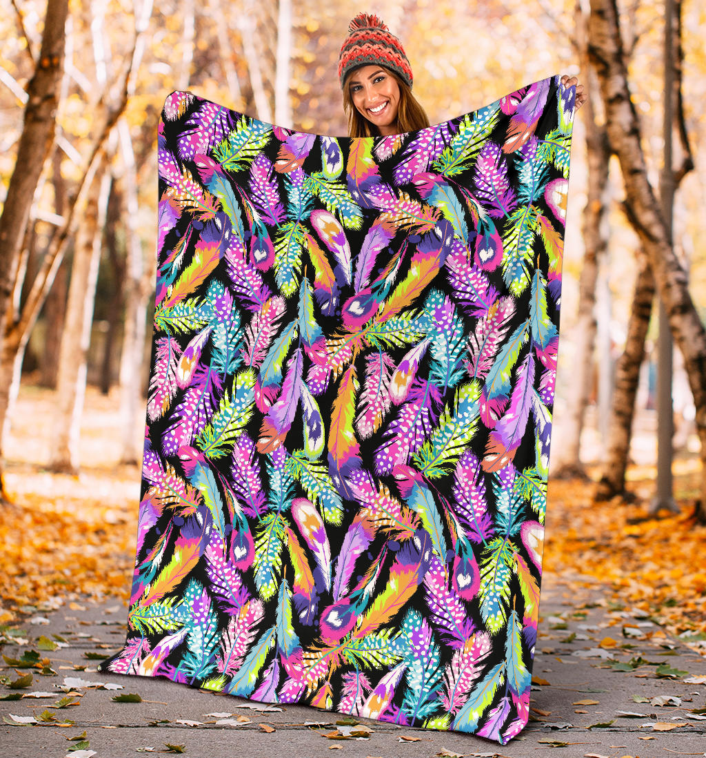 Neon Feather Pattern Print Design A02 Premium Blanket