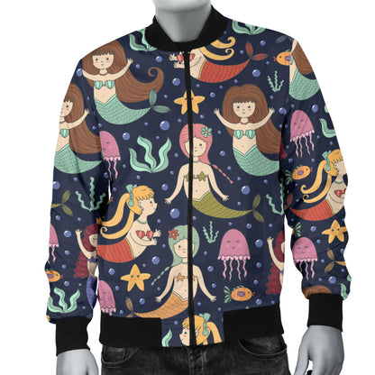 Mermaid Cartoon Pattern Print Design 03 Men Bomber Jacket