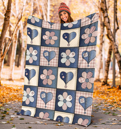 Patchwork Heart Flower Pattern Print Design 01 Premium Blanket