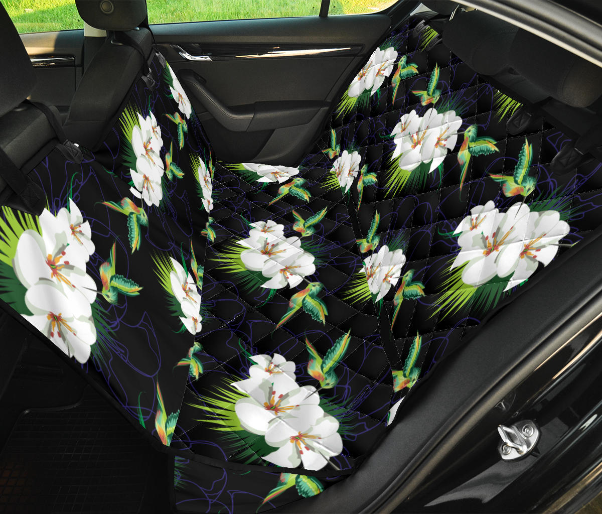 Hummingbird with Flower Pattern Print Design 03 Rear Dog Car Seat Cover Hammock