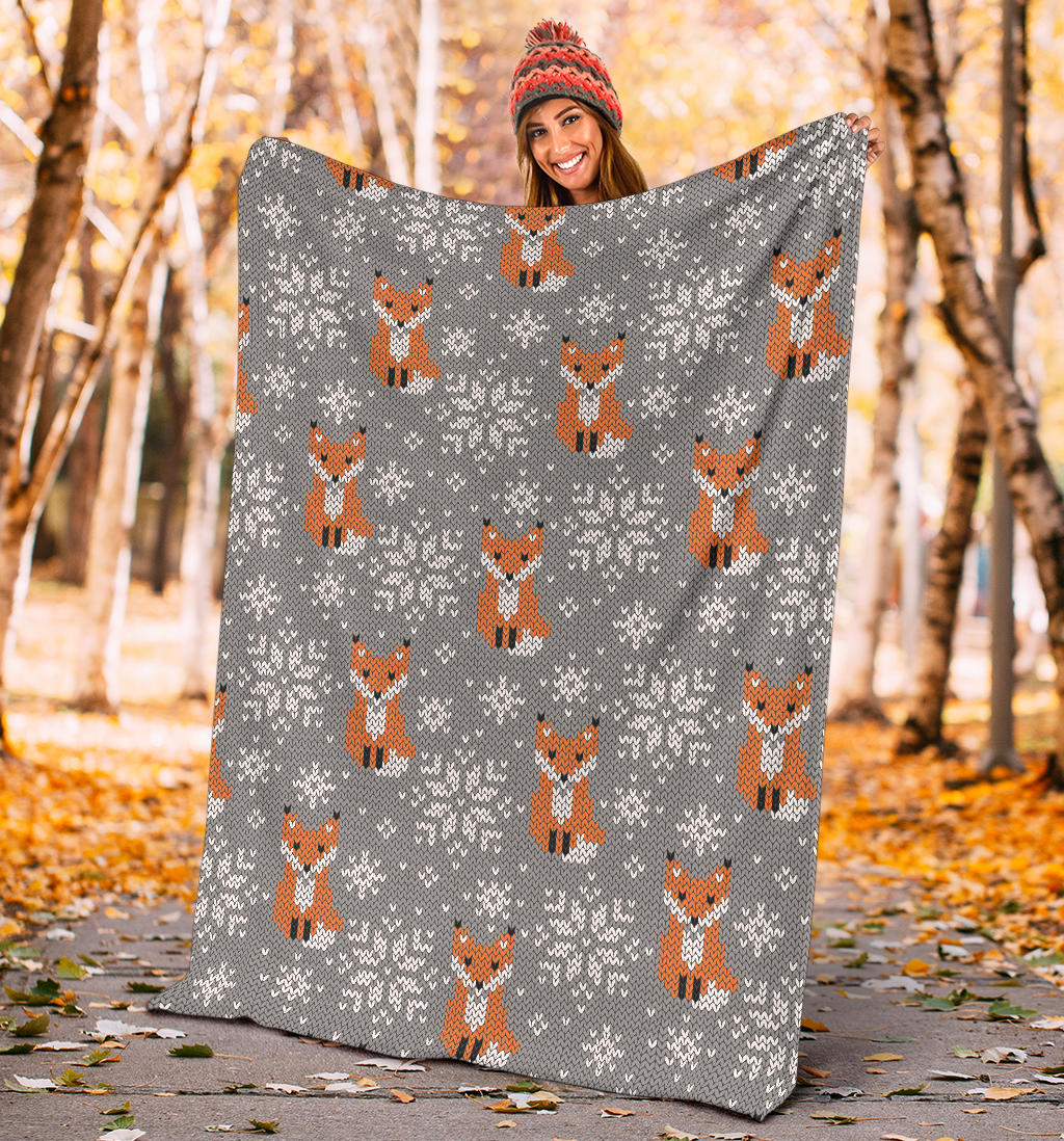 Knit Red Fox Pattern Print Design 02 Premium Blanket