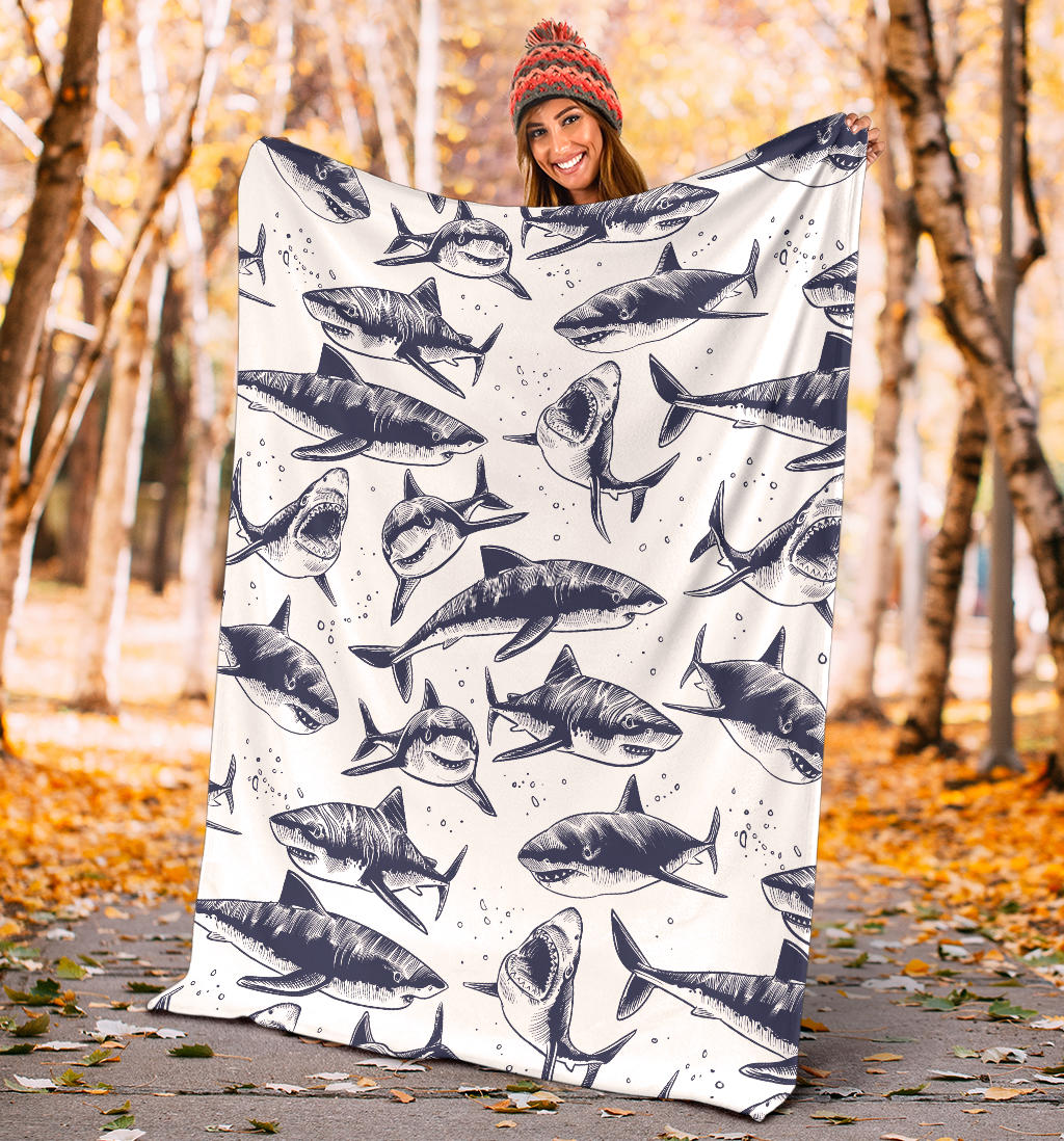 Great White Shark Pattern Print Design 02 Premium Blanket