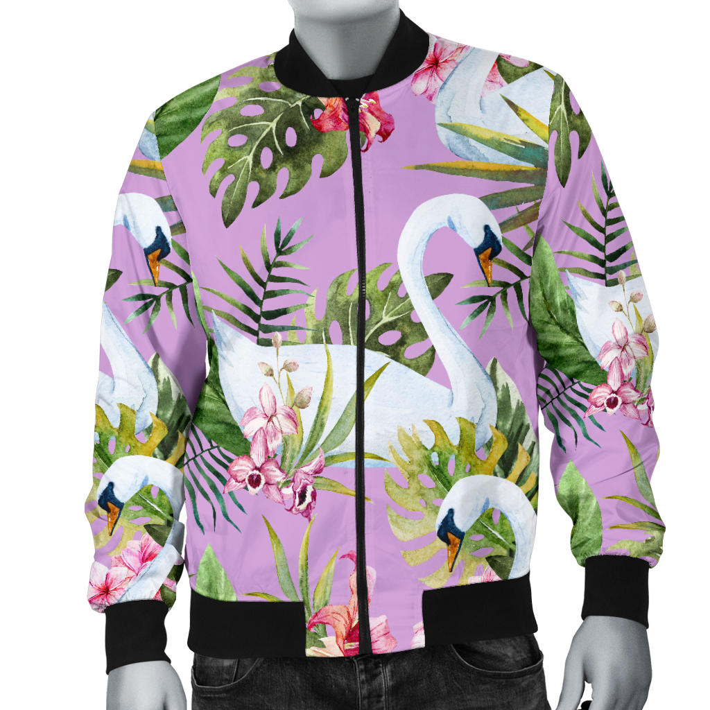Swan with Flower Pattern Print Design 01 Men Bomber Jacket