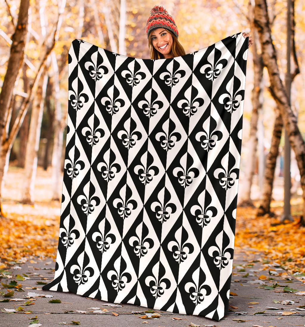Fleur De Lis Black White Pattern Print Design 02 Premium Blanket