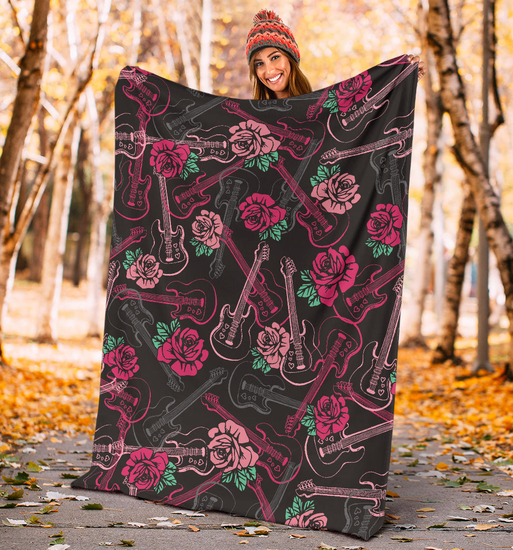 Bass Guitar Pink Rose Pattern Print Design 01 Premium Blanket
