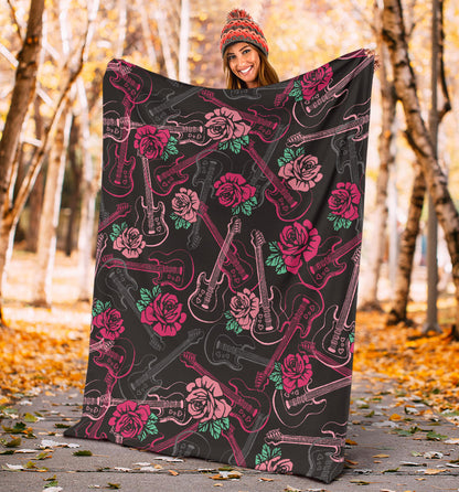 Bass Guitar Pink Rose Pattern Print Design 01 Premium Blanket