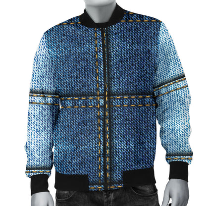 Jean Patchwork Pattern Print Design 02 Men Bomber Jacket