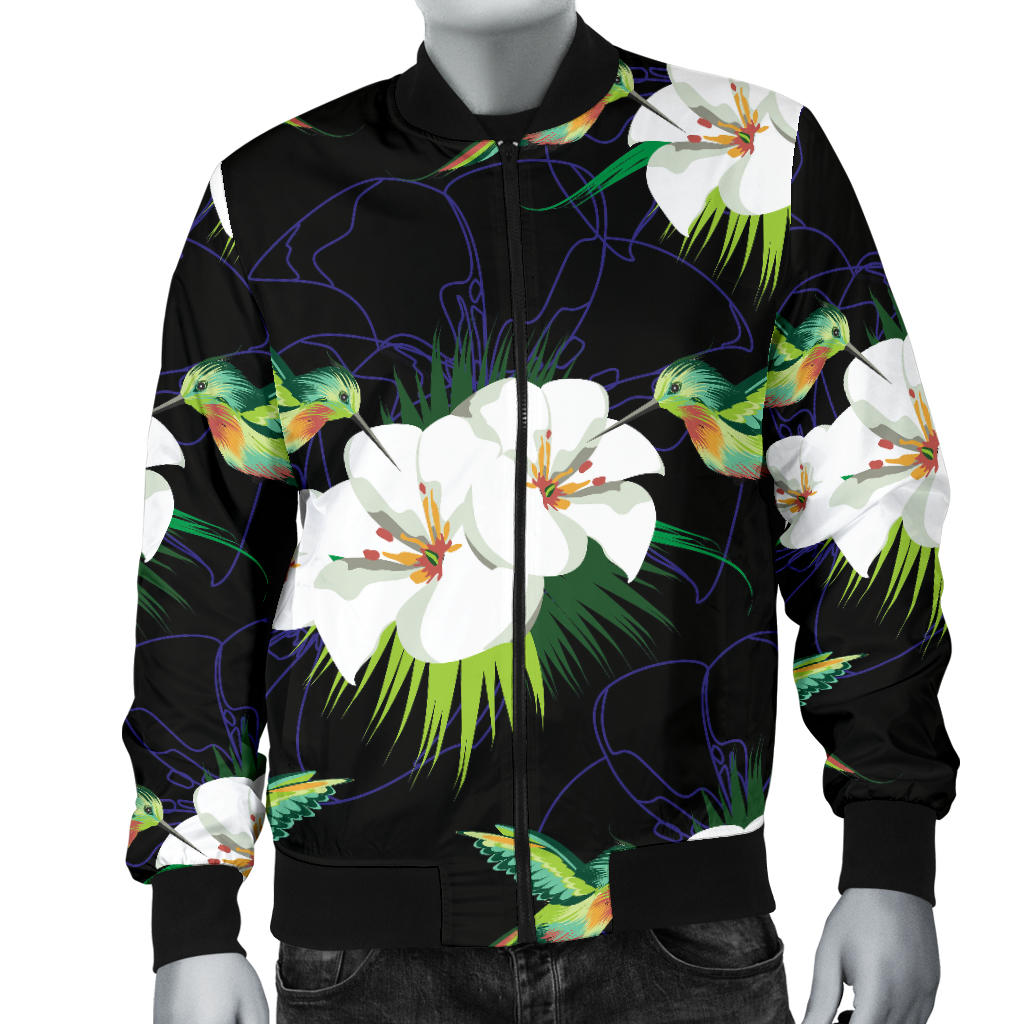 Hummingbird with Flower Pattern Print Design 03 Men Bomber Jacket