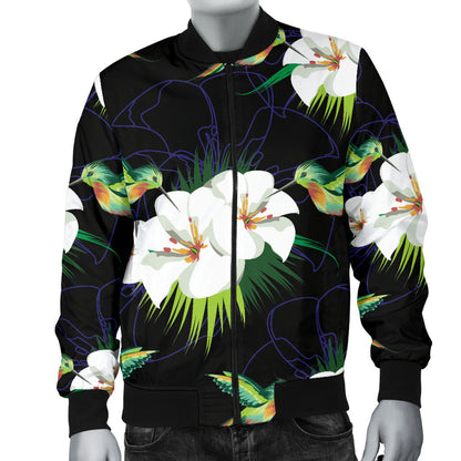 Hummingbird with Flower Pattern Print Design 03 Men Bomber Jacket