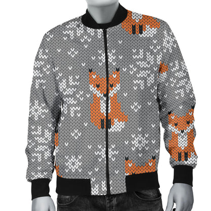 Knit Red Fox Pattern Print Design 02 Men Bomber Jacket