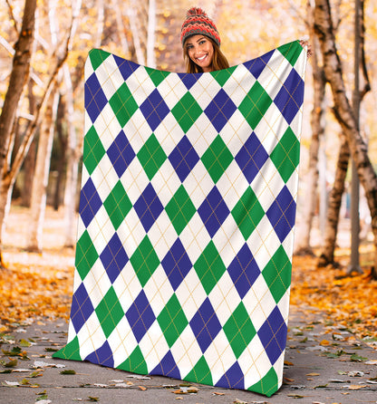 Argyle Green Blue Pattern Print Design 03 Premium Blanket