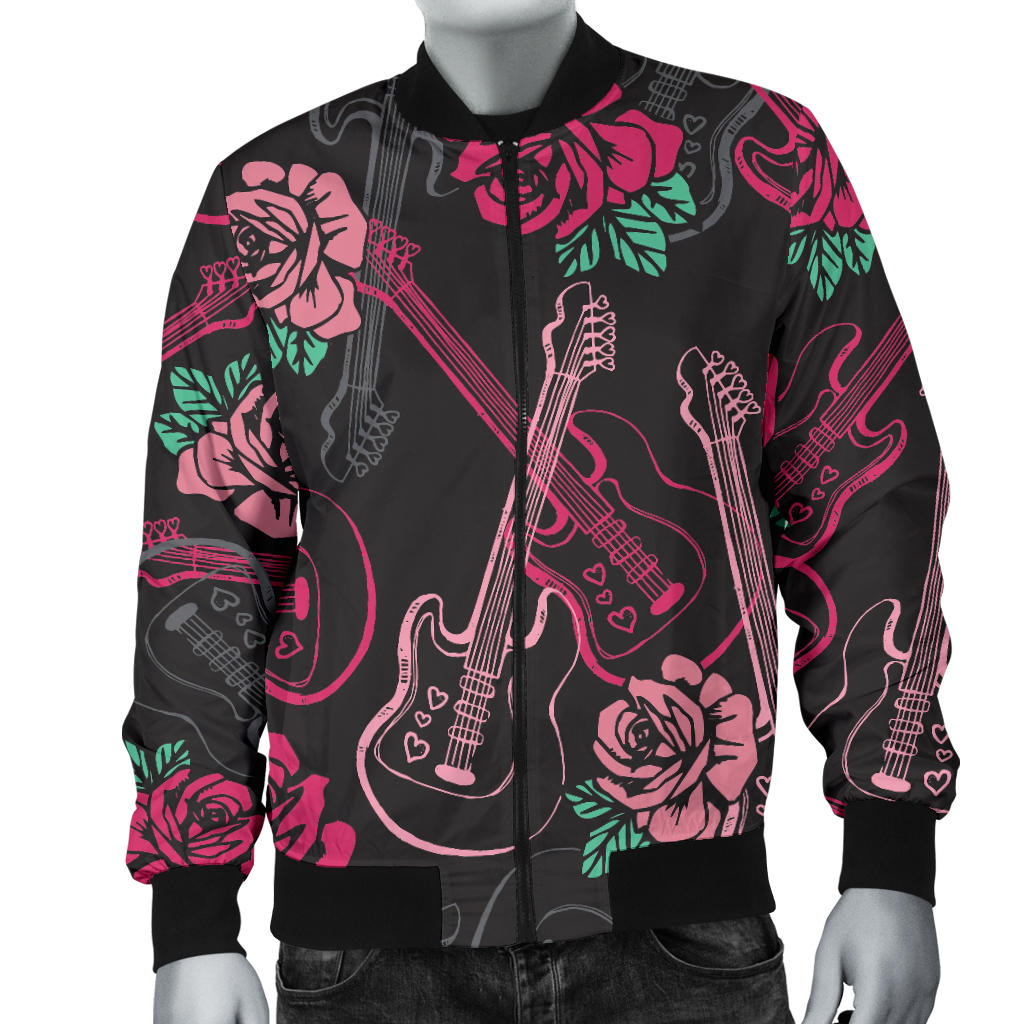 Bass Guitar Pink Rose Pattern Print Design 01 Men Bomber Jacket