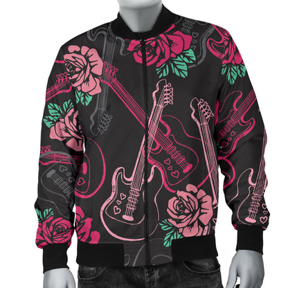 Bass Guitar Pink Rose Pattern Print Design 01 Men Bomber Jacket