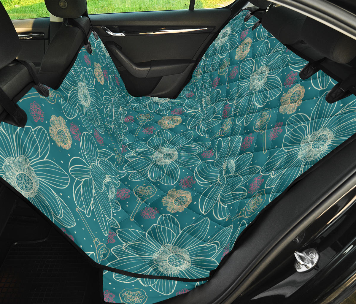 Lotus Pattern Print Design 01 Rear Dog Car Seat Cover Hammock