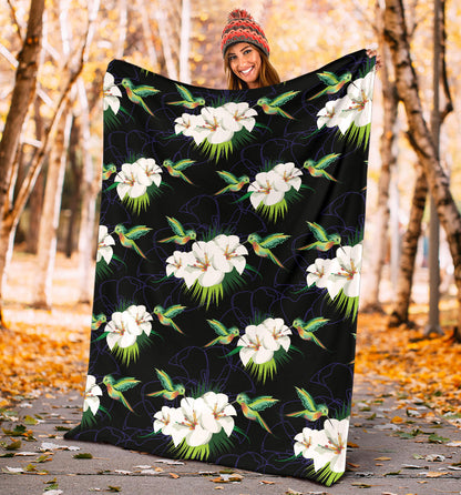 Hummingbird with Flower Pattern Print Design 03 Premium Blanket