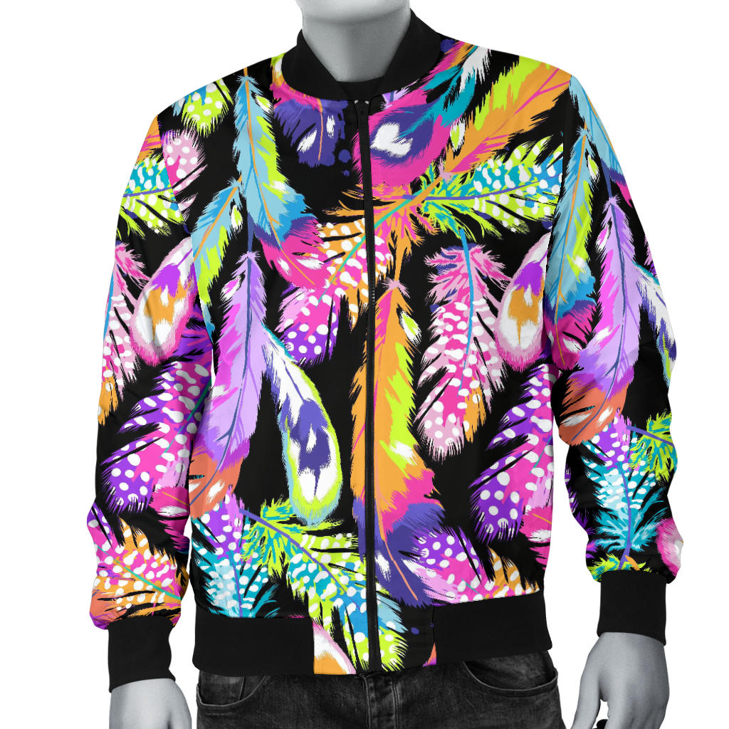 Neon Feather Pattern Print Design A02 Men Bomber Jacket