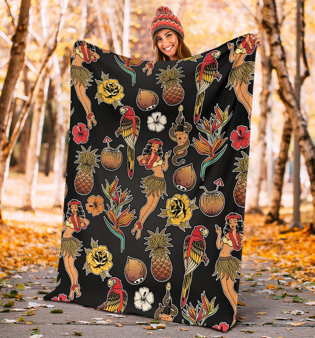 Hula Dancers Hawaiian Style Pattern Print Design 02 Premium Blanket