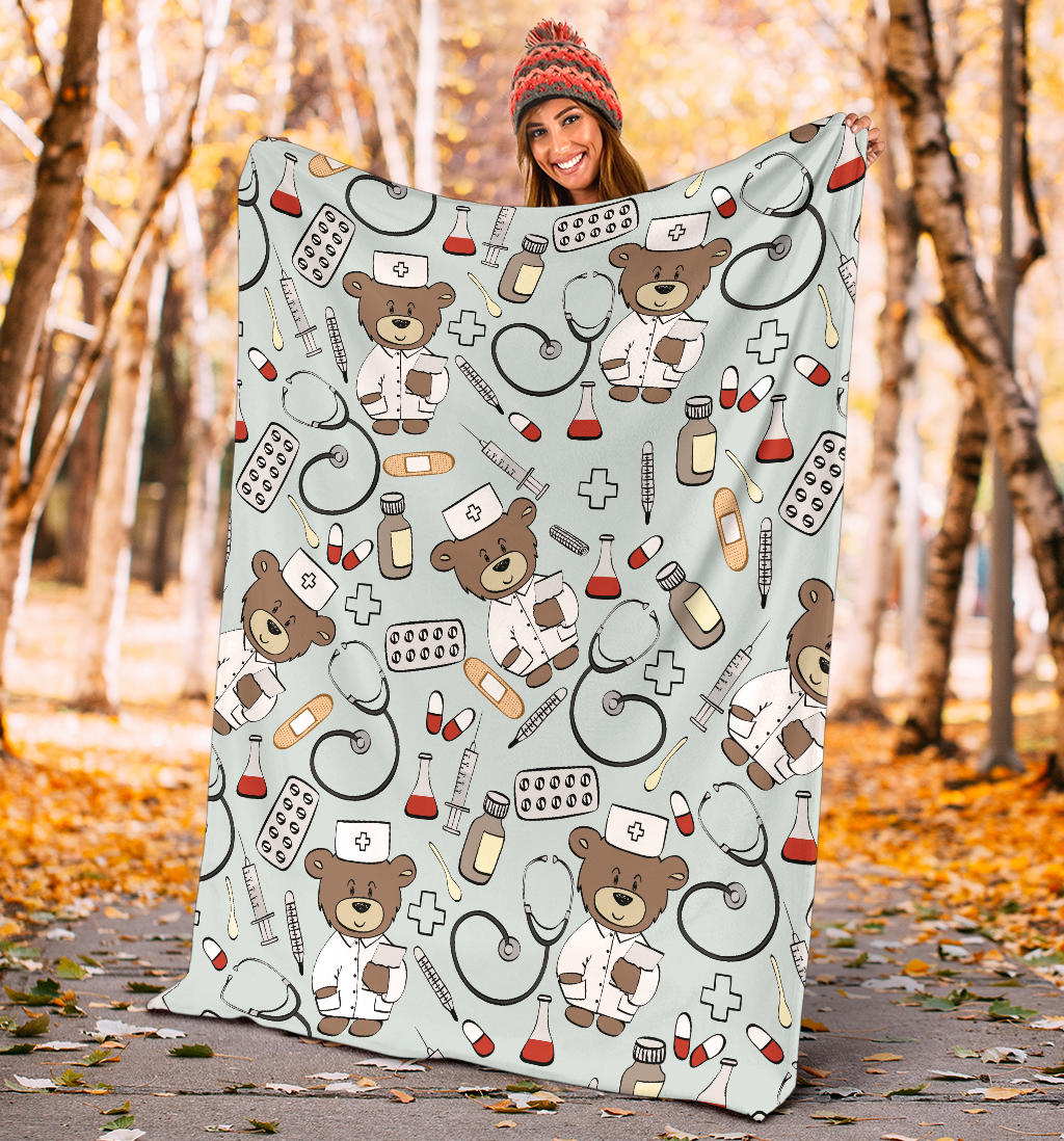 Nurse Bear Pattern Print Design A01 Premium Blanket