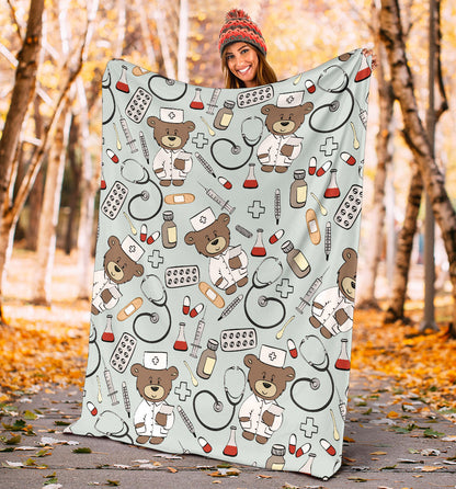 Nurse Bear Pattern Print Design A01 Premium Blanket