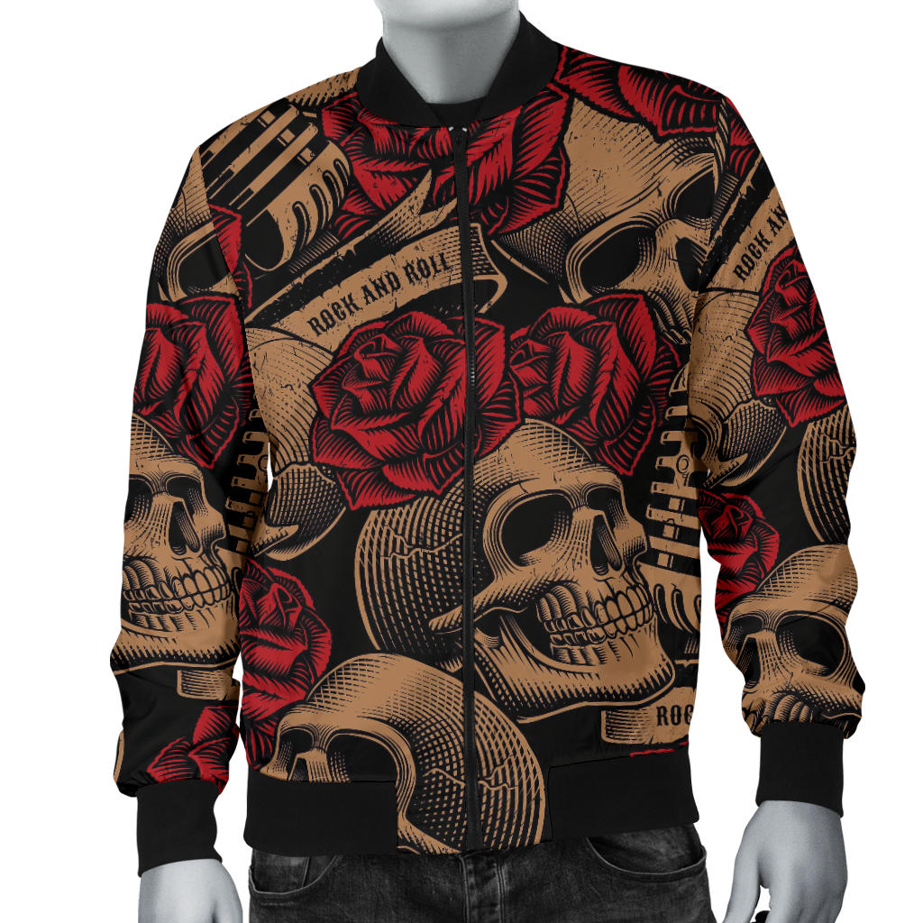 Microphone Skull Rose Pattern Print Design 02 Men Bomber Jacket