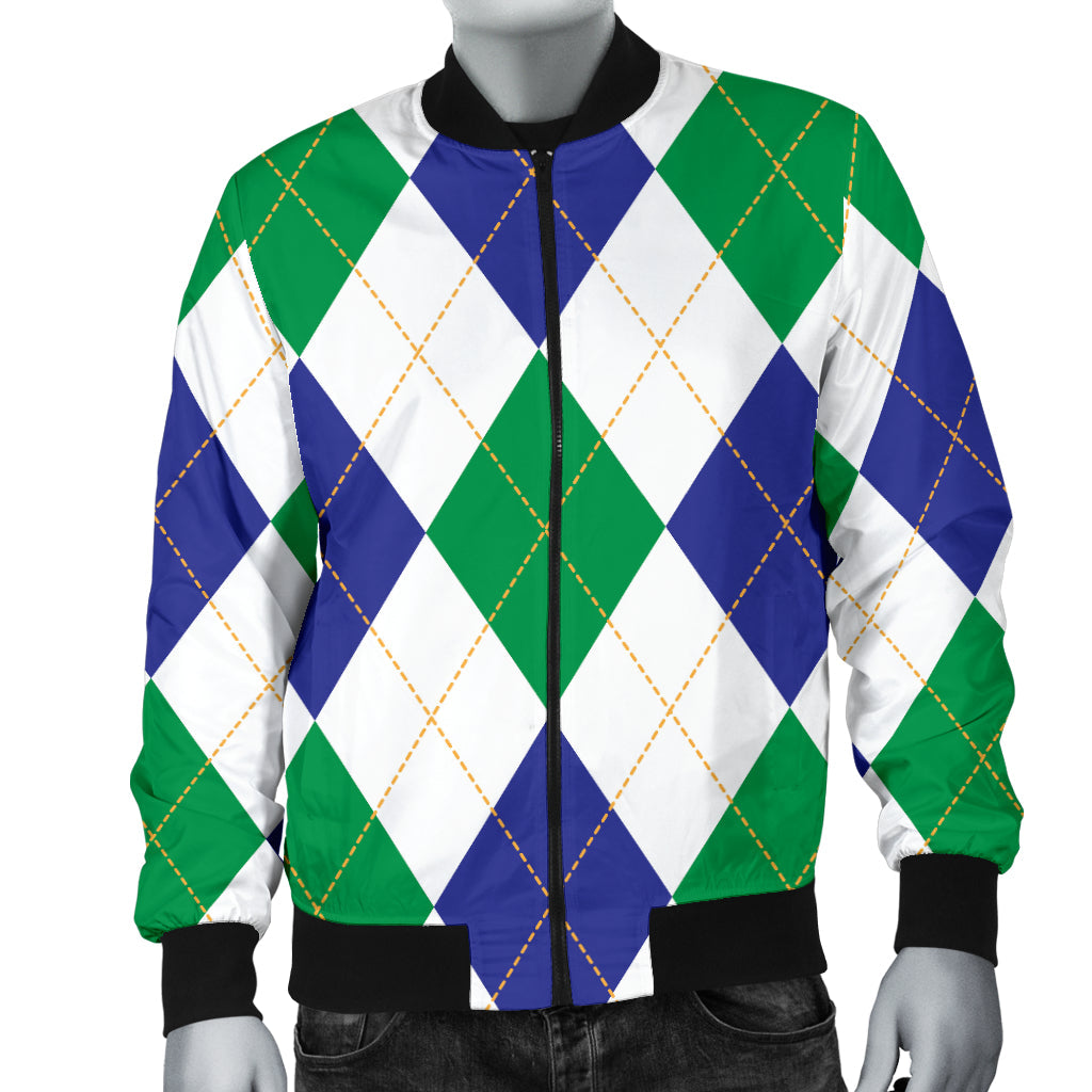 Argyle Green Blue Pattern Print Design 03 Men Bomber Jacket