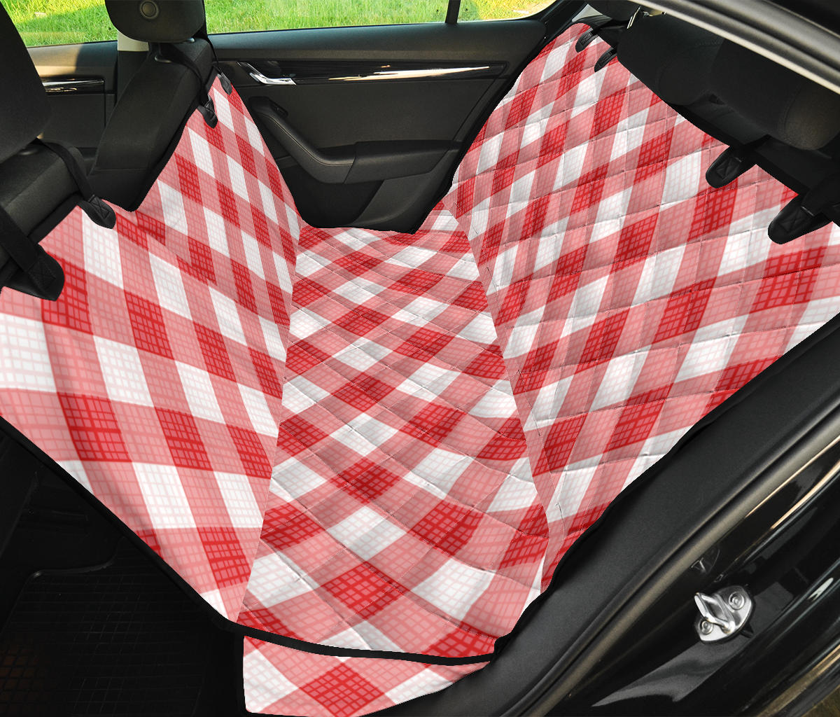Gingham Red Pattern Print Design 01 Rear Dog Car Seat Cover Hammock