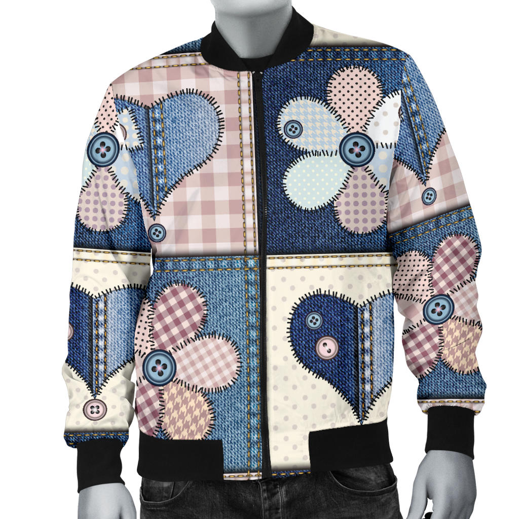Patchwork Heart Flower Pattern Print Design 01 Men Bomber Jacket