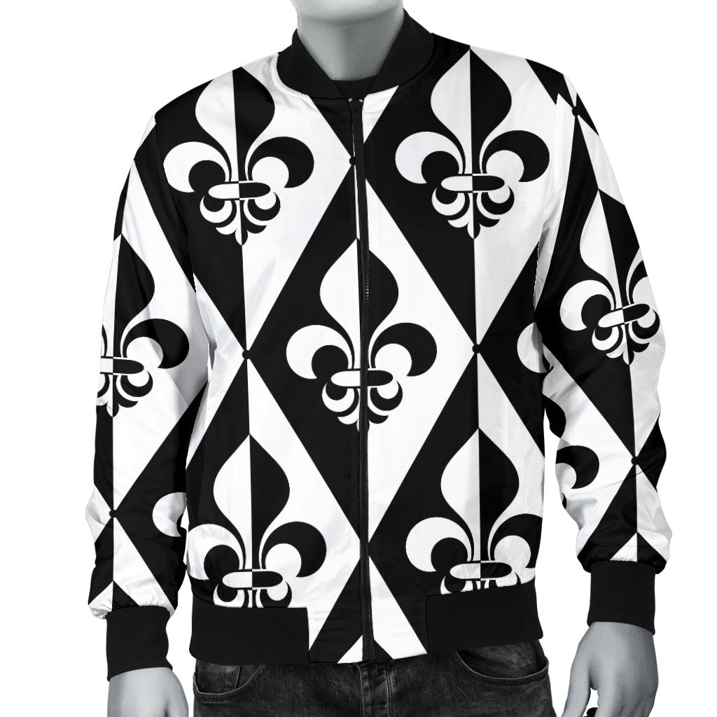 Fleur De Lis Black White Pattern Print Design 02 Men Bomber Jacket