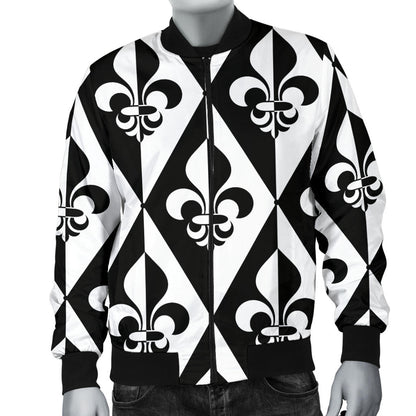 Fleur De Lis Black White Pattern Print Design 02 Men Bomber Jacket