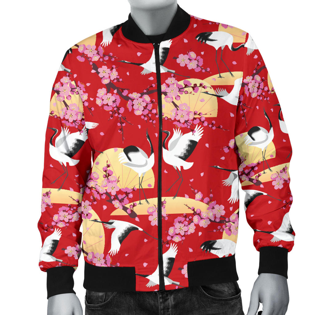 Crane Pattern Print Design 04 Men Bomber Jacket