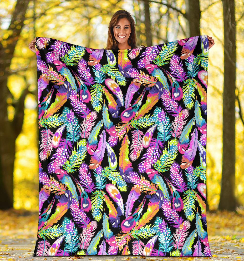 Neon Feather Pattern Print Design A02 Premium Blanket