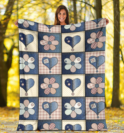 Patchwork Heart Flower Pattern Print Design 01 Premium Blanket
