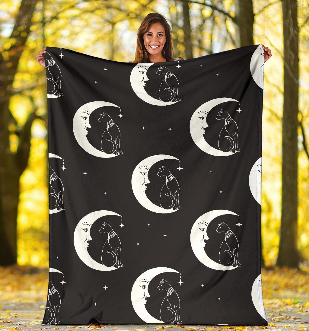 Moon with Cat Pattern Print Design 04 Premium Blanket