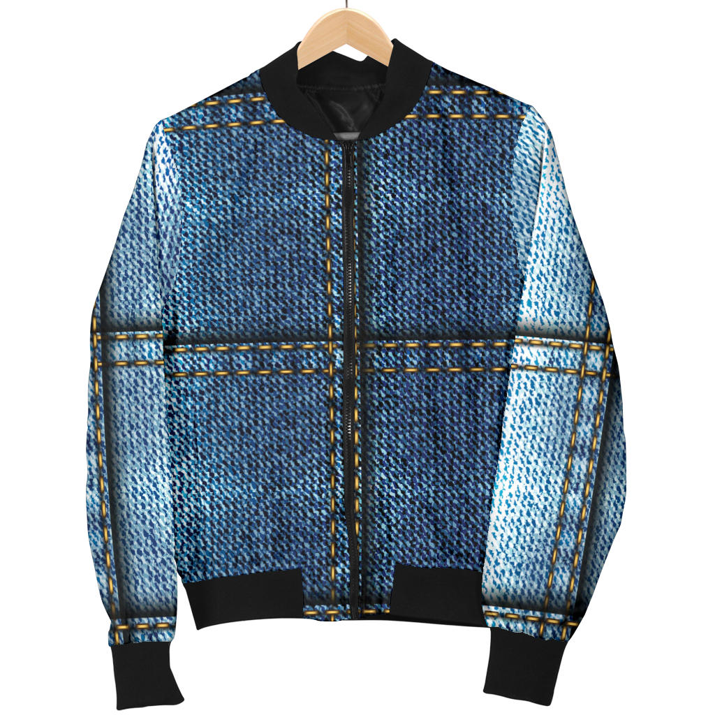 Jean Patchwork Pattern Print Design 02 Men Bomber Jacket