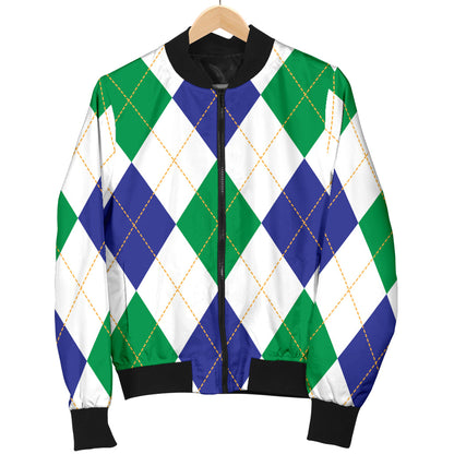 Argyle Green Blue Pattern Print Design 03 Men Bomber Jacket