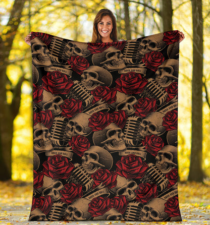 Microphone Skull Rose Pattern Print Design 02 Premium Blanket