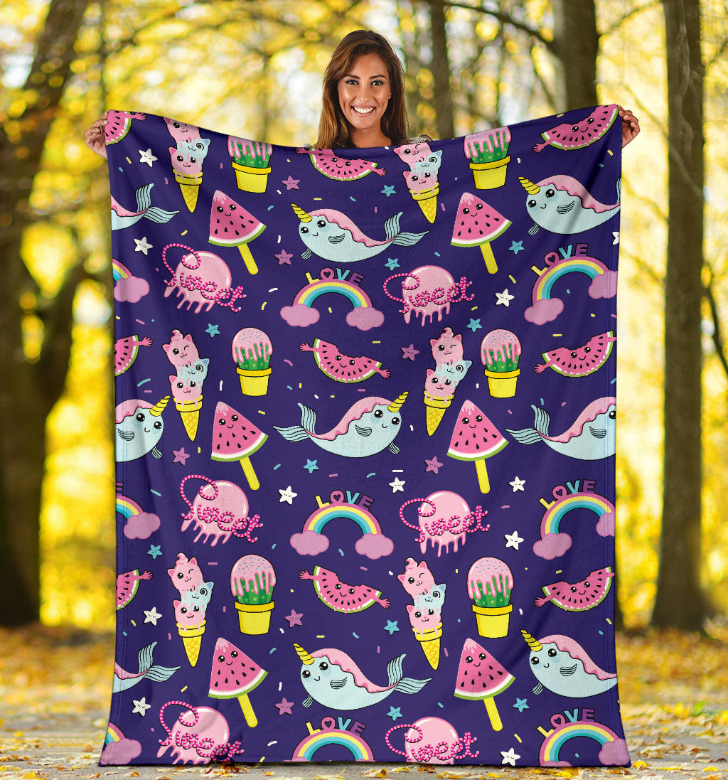 Narwhal Cute Pattern Print Design 02 Premium Blanket