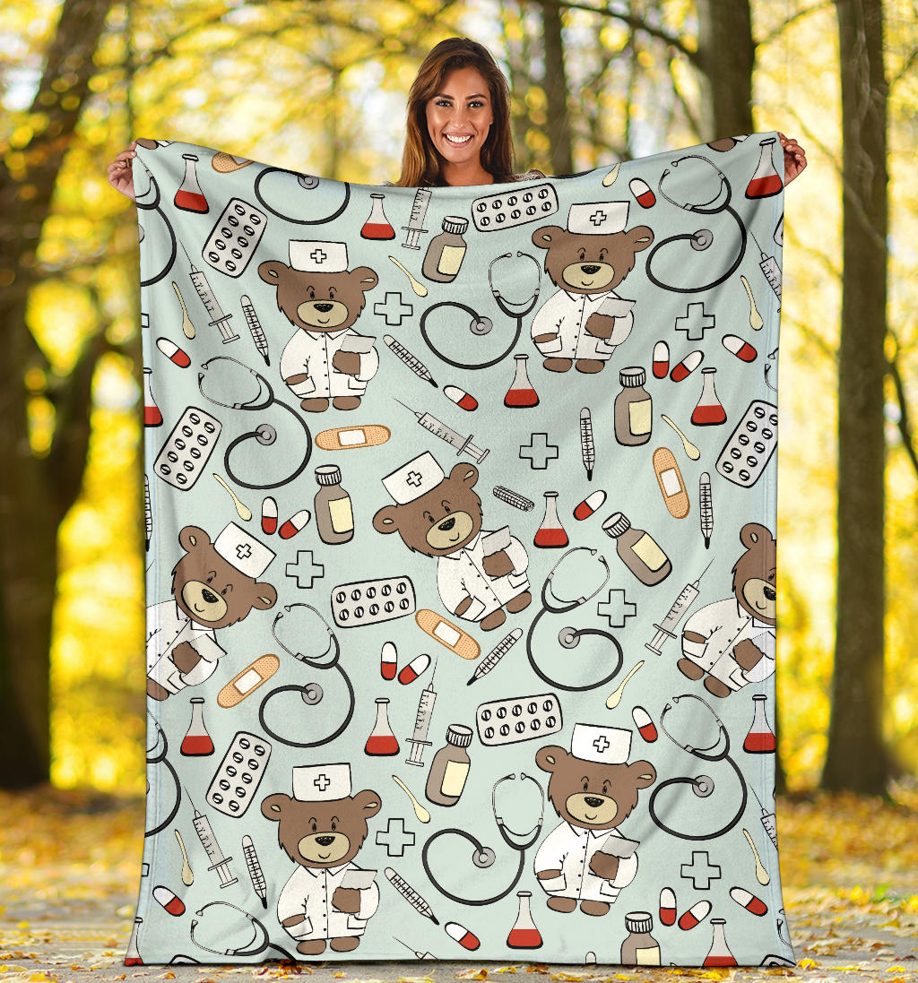 Nurse Bear Pattern Print Design A01 Premium Blanket