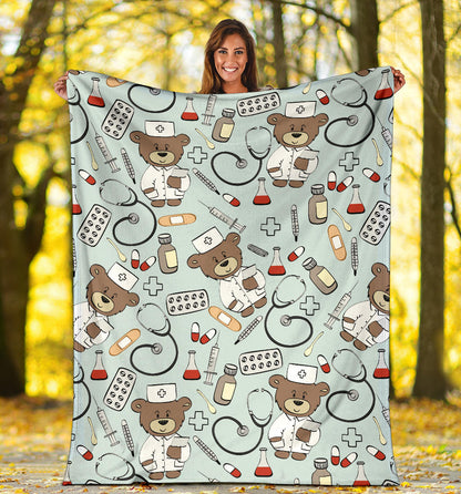 Nurse Bear Pattern Print Design A01 Premium Blanket