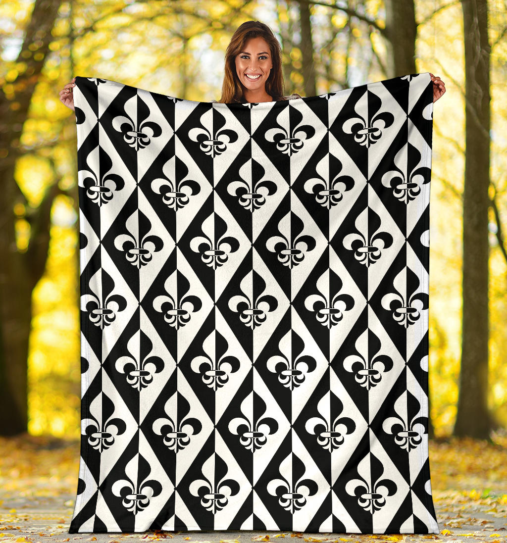 Fleur De Lis Black White Pattern Print Design 02 Premium Blanket