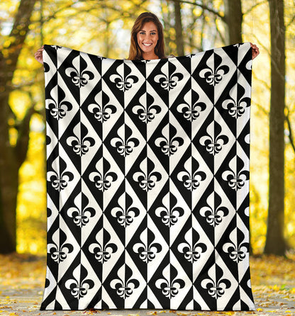 Fleur De Lis Black White Pattern Print Design 02 Premium Blanket