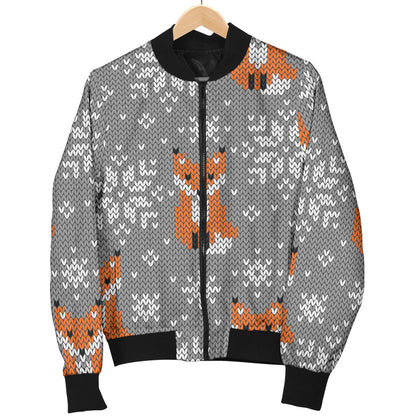Knit Red Fox Pattern Print Design 02 Men Bomber Jacket