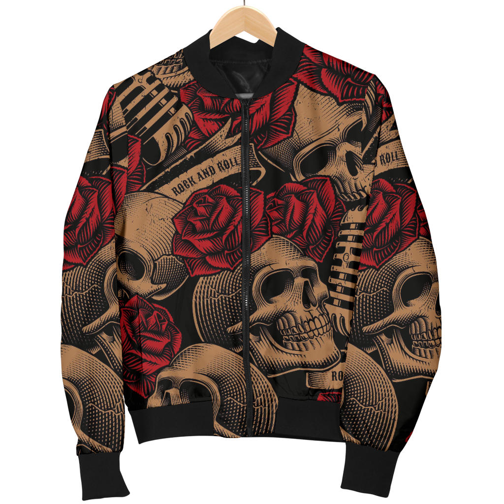 Microphone Skull Rose Pattern Print Design 02 Men Bomber Jacket
