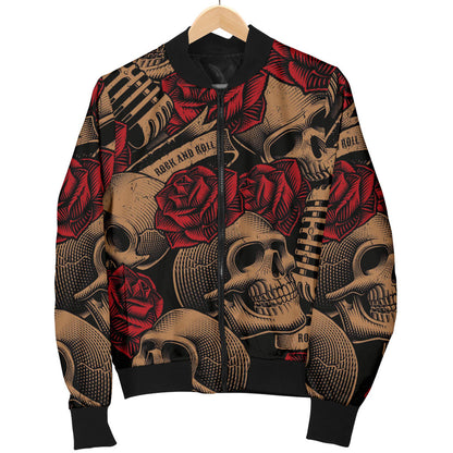Microphone Skull Rose Pattern Print Design 02 Men Bomber Jacket