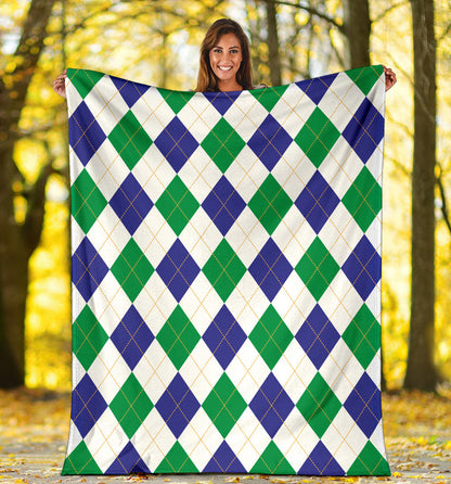 Argyle Green Blue Pattern Print Design 03 Premium Blanket