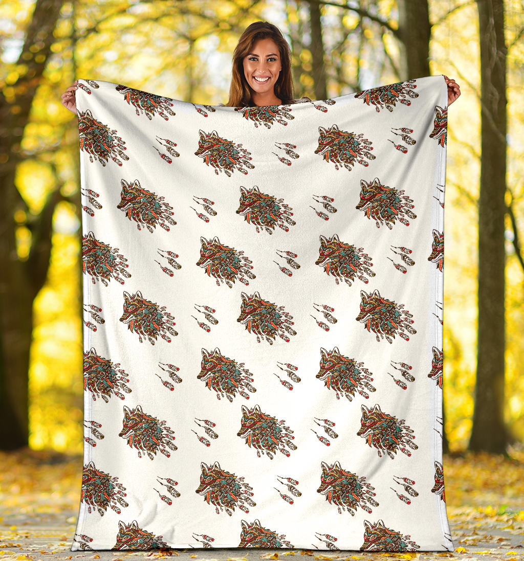Aztec Wolf Pattern Print Design 02 Premium Blanket