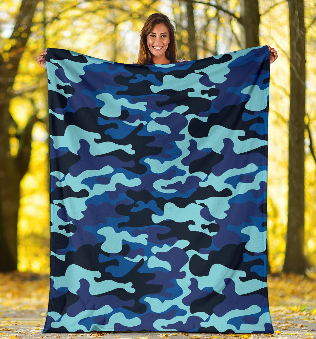 Camo Blue Pattern Print Design 04 Premium Blanket