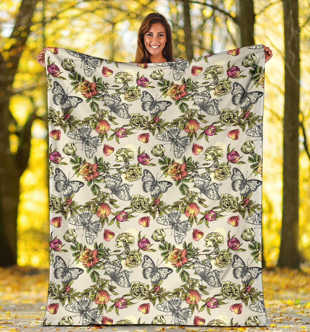 Butterfly Flower Pattern Print Design 06 Premium Blanket