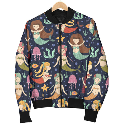 Mermaid Cartoon Pattern Print Design 03 Men Bomber Jacket